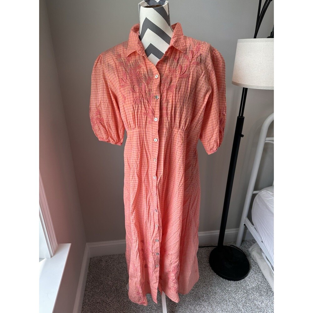 Johnny Was Orla Puff Sleeve Cotton Shirt Dress Midi Pink Orange Embroidered NWT - Picture 2 of 8